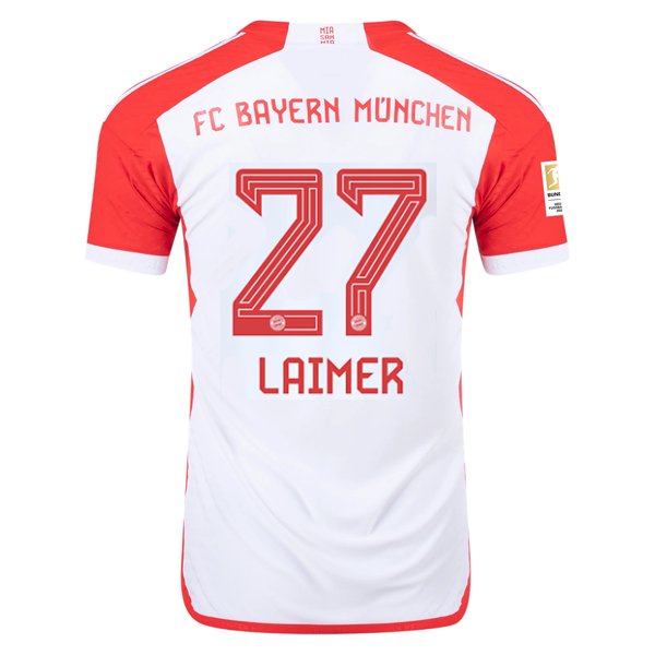 adidas Bayern Munich Authentic Konrad Laimer Home Jersey w/ Bundesliga Champions Patch 23/24 (White/Red)