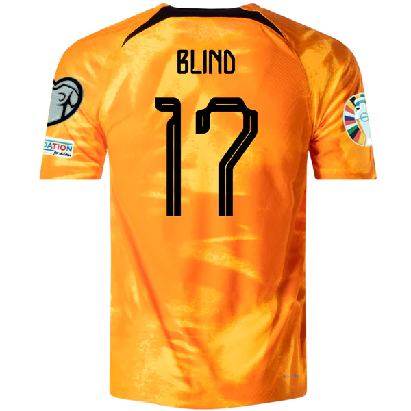 Nike Netherlands Daley Blind Home Match Authentic Jersey w/ Euro Qualifying Patches 22/23 (Laser Orange/Black)