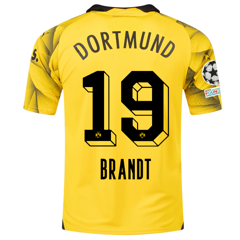 Puma Mens Borussia Dortmund Julian Brandt Third Jersey w/ Champions League Patches 23/24 (Cyber Yellow/Puma Black)