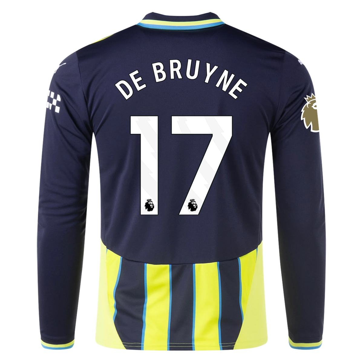 Puma Manchester City Kevin De Bruyne Long Sleeve Away Jersey w/ EPL + Club World Cup Patch 24/25 (New Navy/Yellow Glow)