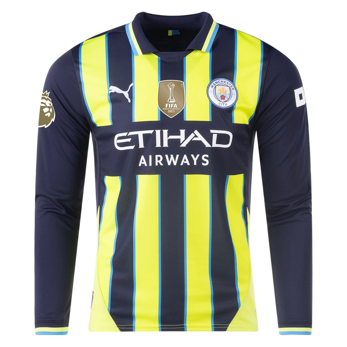 Puma Manchester City Erling Haaland Long Sleeve Away Jersey w/ EPL + Club World Cup Patch 24/25 (New Navy/Yellow Glow)