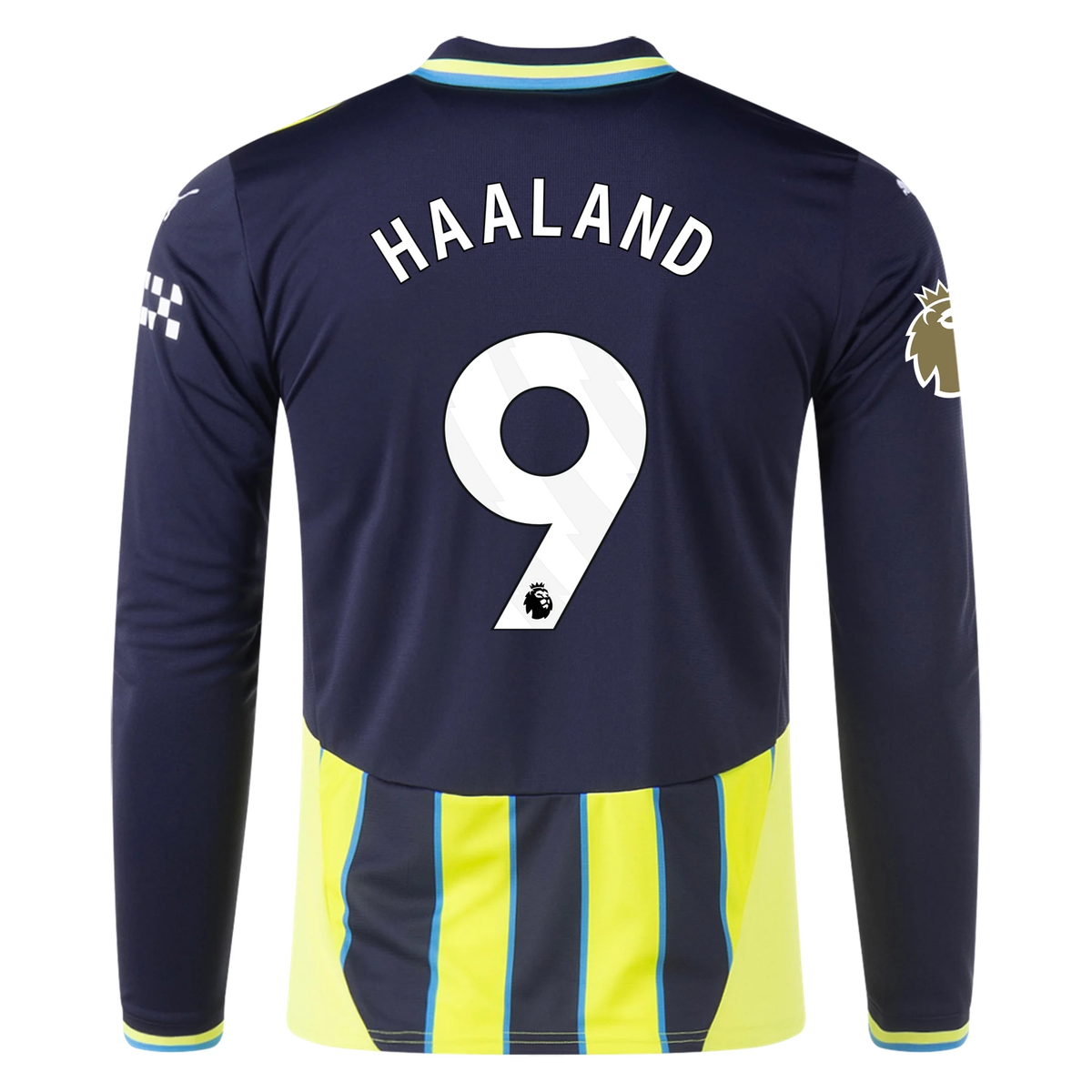 Puma Manchester City Erling Haaland Long Sleeve Away Jersey w/ EPL + Club World Cup Patch 24/25 (New Navy/Yellow Glow)