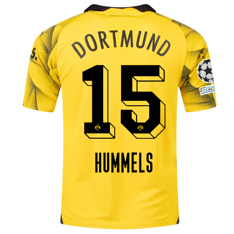 Puma Mens Borussia Dortmund Mats Hummels Third Jersey w/ Champions League Patches 23/24 (Cyber Yellow/Puma Black)