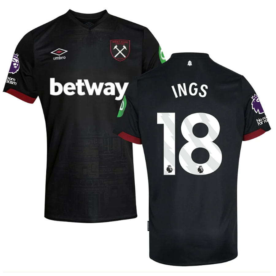 Umbro West Ham Danny Ings Away Jersey w/ EPL + No Room For Racism Patches 24/25 (Black)