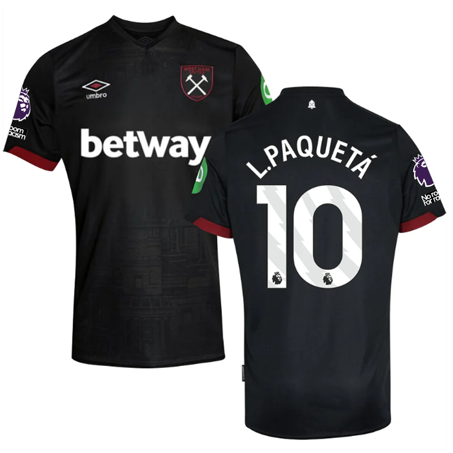 Umbro West Ham Lucas Paquetá Away Jersey w/ EPL + No Room For Racism Patches 24/25 (Black)