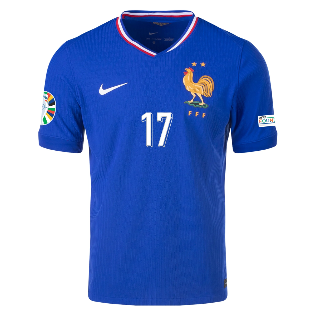 Nike Mens France Authentic William Saliba Match Home Jersey w/ Euro 2024 Patches 24/25 (Bright Blue/University Red)