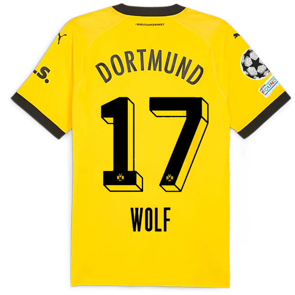 Puma Borussia Dortmund Authentic Wolf Home Jersey w/ Champions League Patches 23/24 (Cyber Yellow/Puma Black)