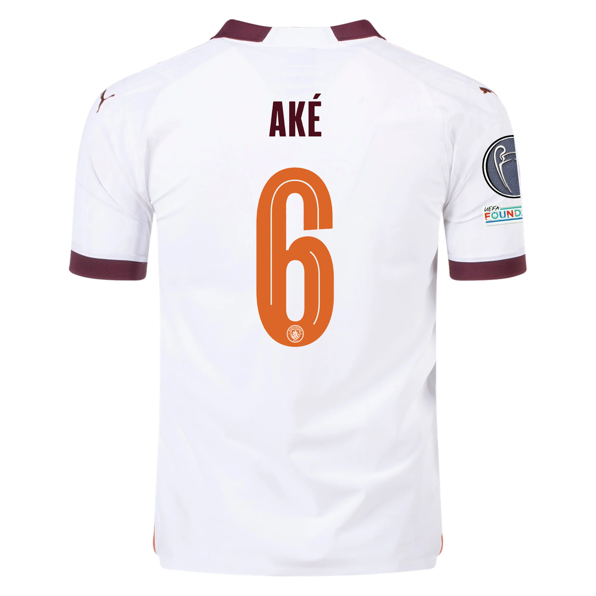 Puma Manchester City Authentic Nathan Ake Away Jersey w/ Champions League + Club World Cup Patches 23/24 (Puma White/Aubergine)