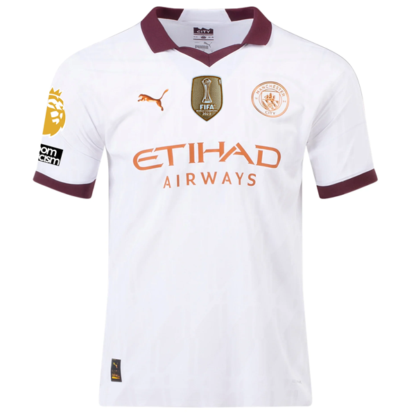 Puma Manchester City Authentic Erling Haaland Away Jersey w/ EPL + No Room For Racism + Club World Cup Patches 23/24 (Puma White/Aubergine)