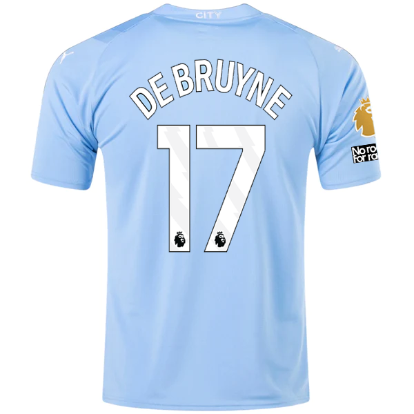 Puma Manchester City Kevin De Bruyne Home Jersey w/ EPL + No Room For Racism + Club World Cup Patches 23/24 (Team Light Blue/Puma White)
