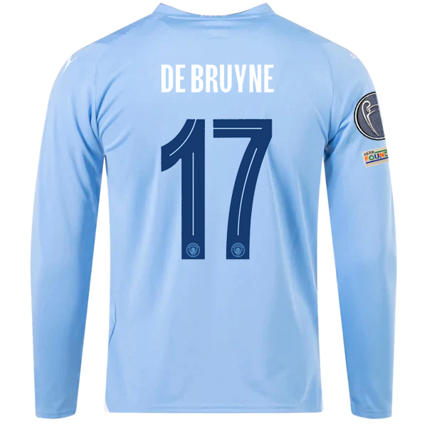 Puma Manchester City Kevin De Bruyne Home Long Sleeve Jersey w/ Champions League + Club World Cup Patches 23/24 (Team Light Blue/Puma White)