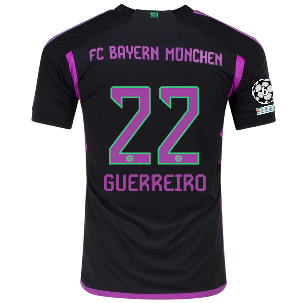 adidas Bayern Munich Authentic Raphaël Guerreiro Away Jersey w/ Champions League Patches 23/24 (Black)