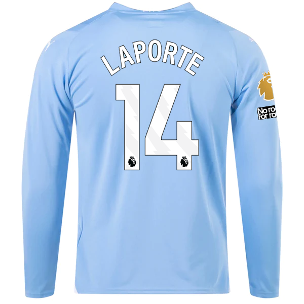 Puma Manchester City Aymeric Laporte Home Long Sleeve Jersey w/ EPL + No Room For Racism + Club World Cup Patches 23/24 (Team Light Blue/Puma White)