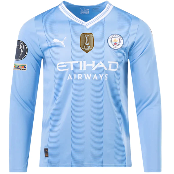 Puma Manchester City Erling Haaland Home Long Sleeve Jersey w/ Champions League + Club World Cup Patches 23/24 (Team Light Blue/Puma White)